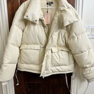 Misguided Faux leather jacket in cream white